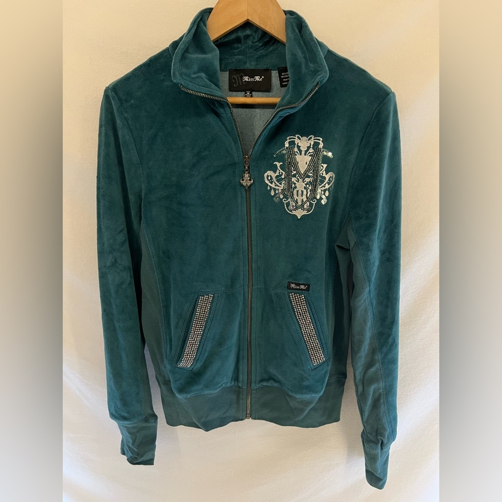 Y2K Miss Me Velour Blue Sequin Rhinestone Fleur De Lis Tracksuit Jacket Size M